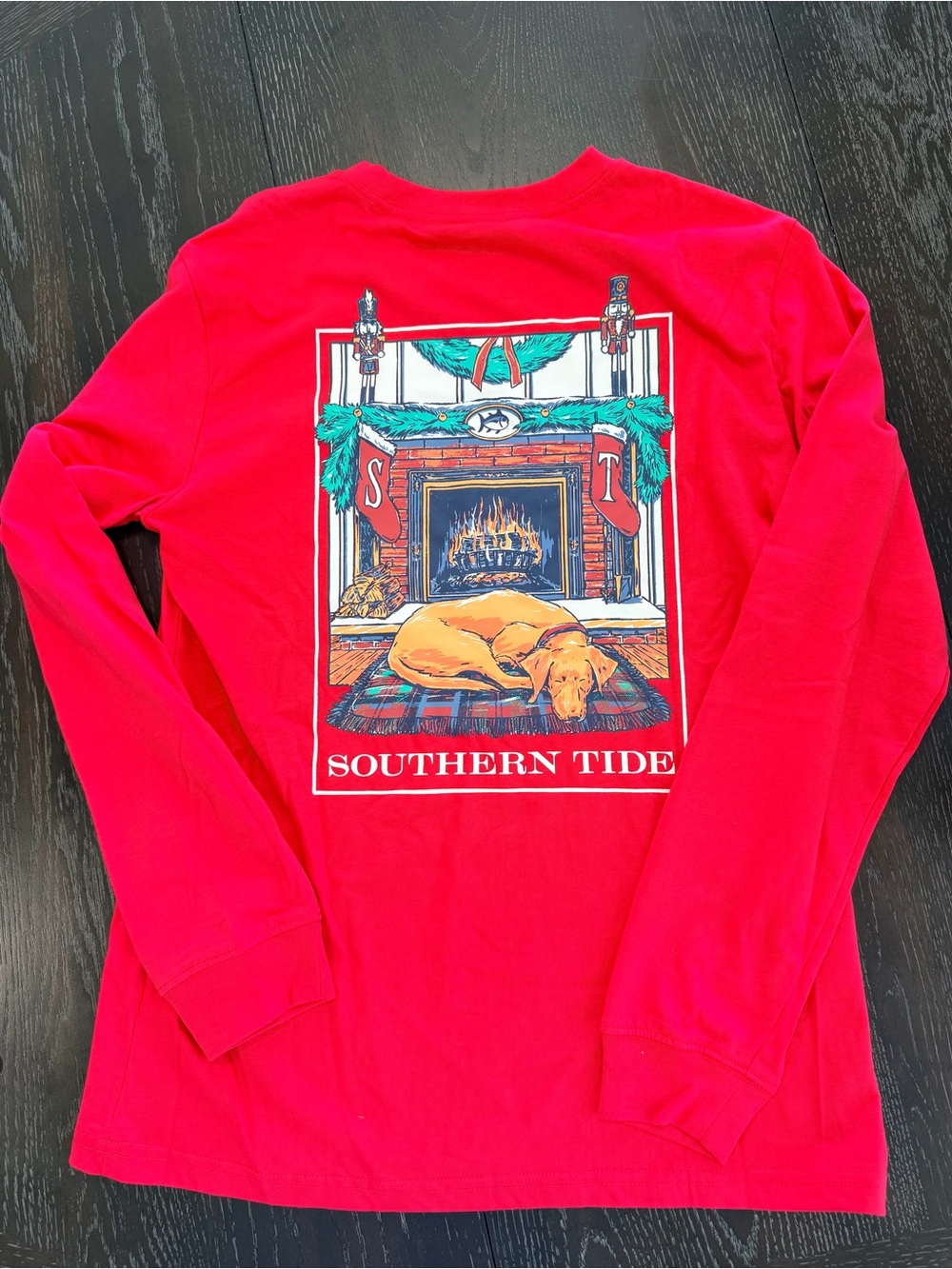 Southern Tide Bright Red Long-Sleeve Tee with Cozy Dog Fireplace Graphic